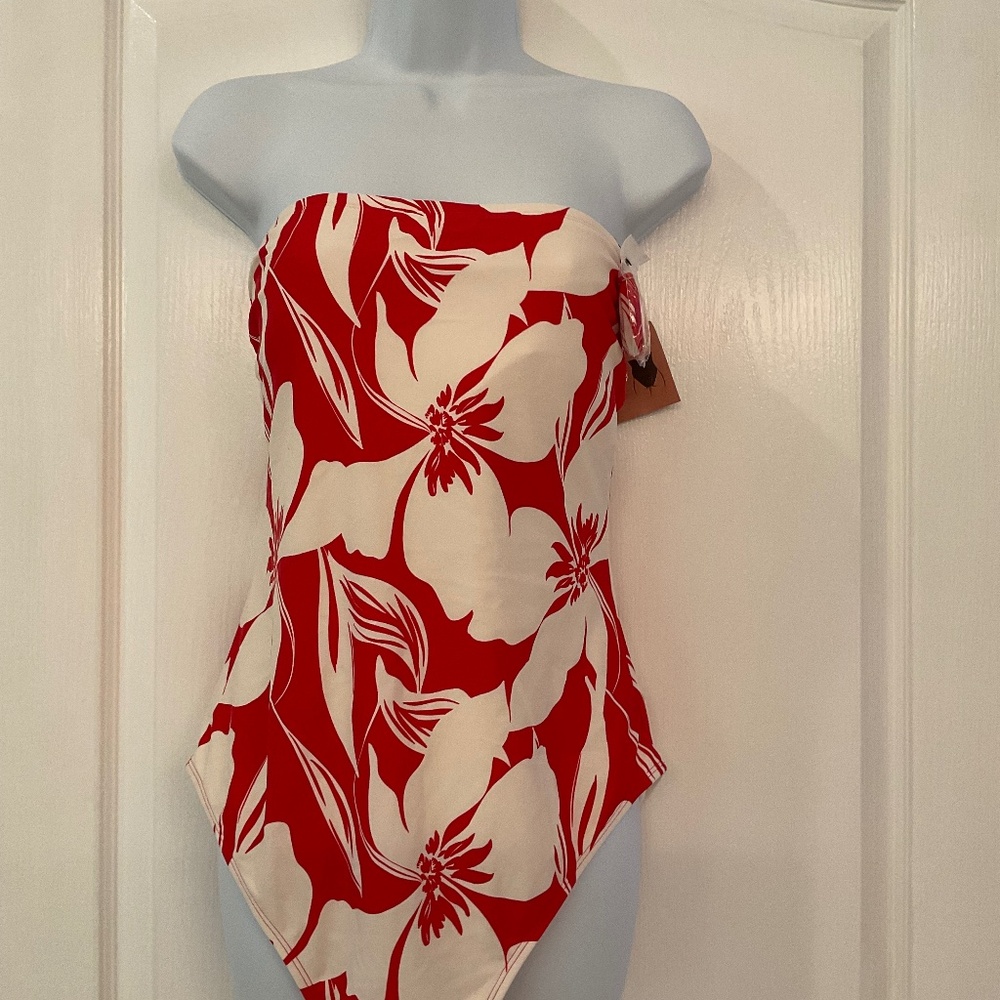 Shade & Shore Strapless Floral White & Wine One Piece Swimsuit size 16 *NWT*